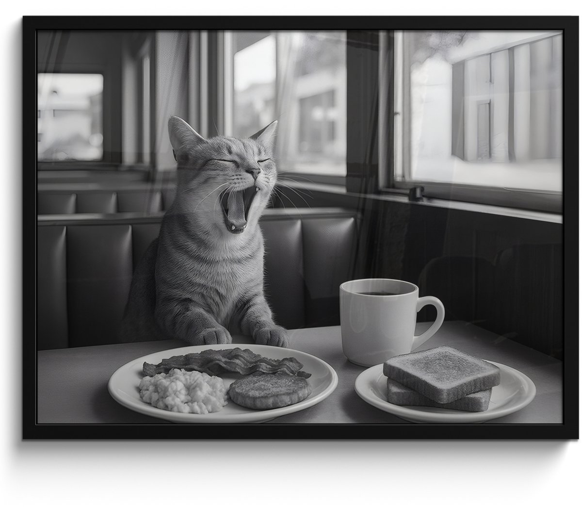 FrameYourWall Poster in lijst - Fotolijst 70x50 cm - Posters - Kat - Koffie - Brood - Zwart - Posterlijst zwart - Decoratie - Wanddecoratie woonkamer - Muurdecoratie slaapkamer