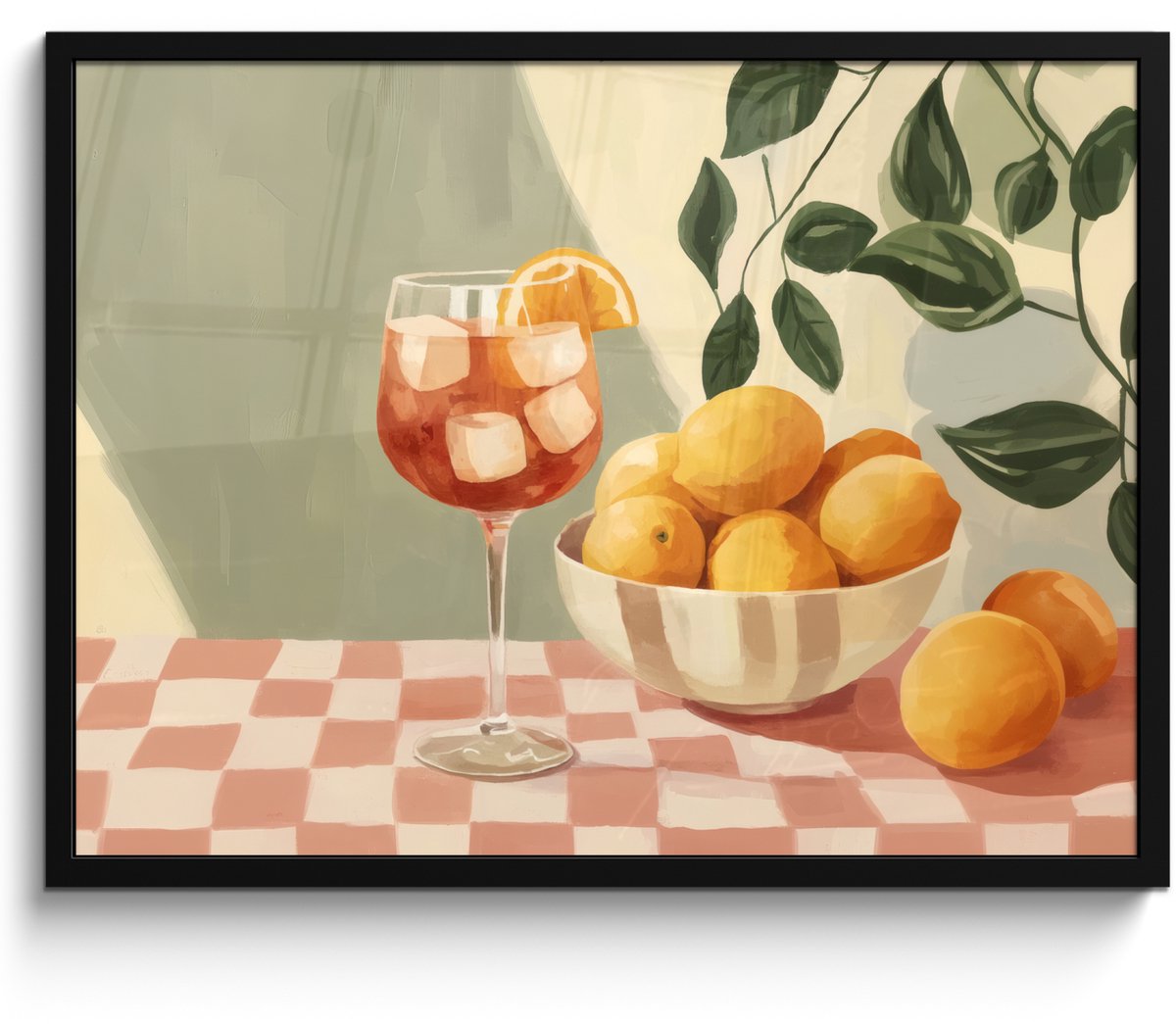 FrameYourWall Poster in lijst - Fotolijst 70x50 cm - Posters - Citroenen - Glas - Tafelkleed - Geblokt - Posterlijst zwart - Decoratie - Wanddecoratie woonkamer - Muurdecoratie slaapkamer