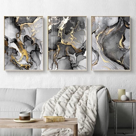 Abstract Marmeren Kunst Canvas Afbeelding Zwart Wit Goud Grijs voor Woonkamer en Slaapkamer