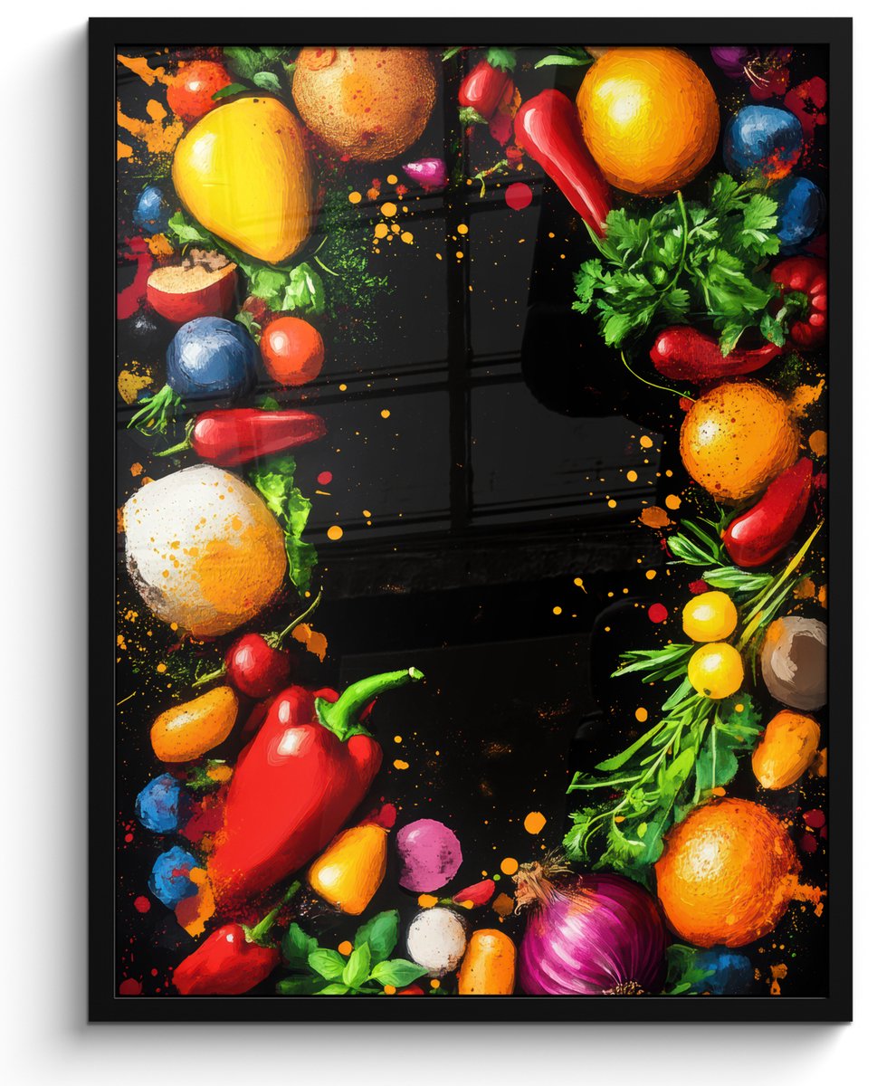 FrameYourWall Poster in lijst - Fotolijst 50x70 cm - Posters - Groente - Graffiti - Kleurrijk - Koken - Abstract - Posterlijst zwart - Decoratie - Wanddecoratie woonkamer - Muurdecoratie slaapkamer Graffiti - Cirkel - Groente