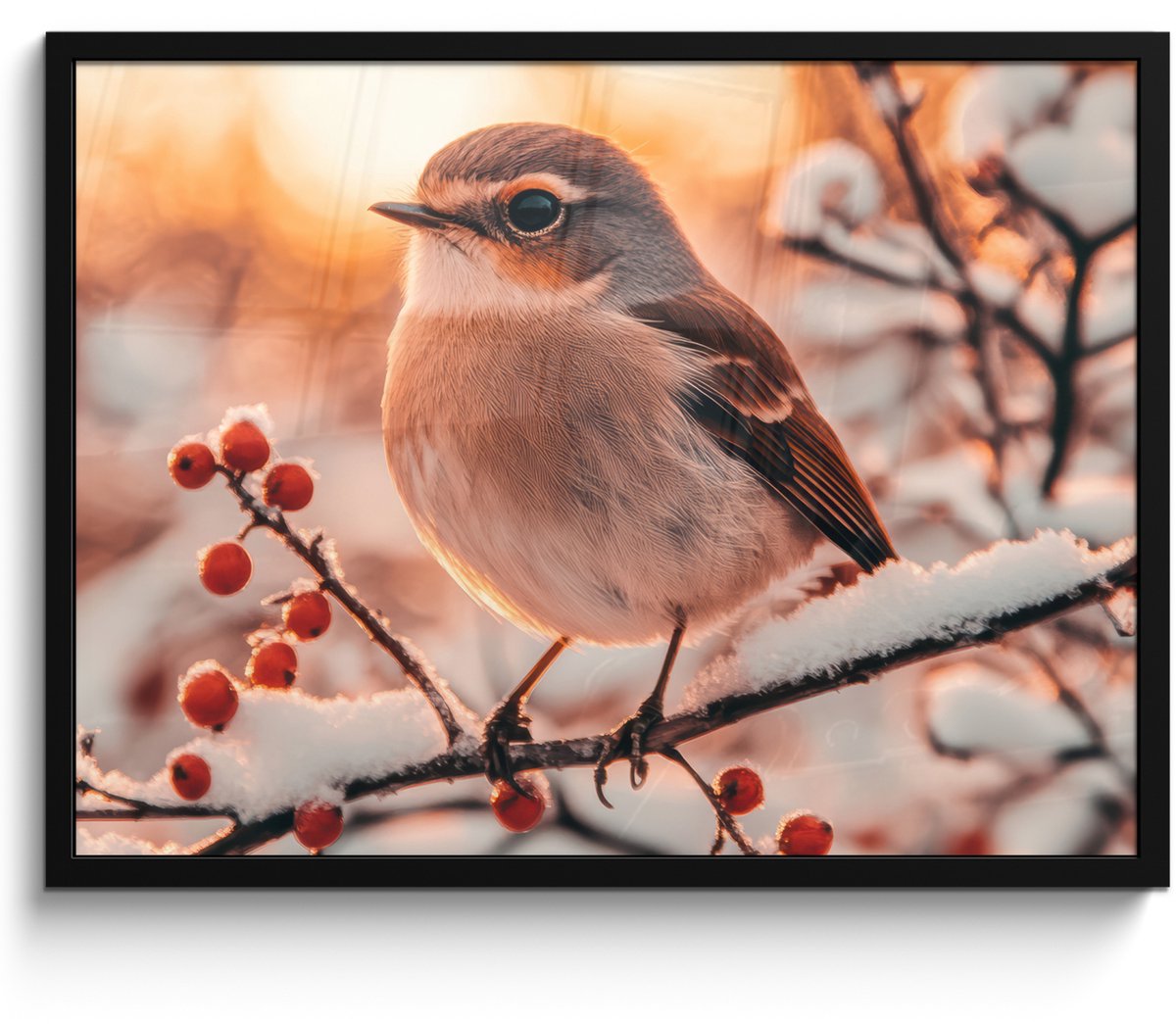 FrameYourWall Poster in lijst - Fotolijst 70x50 cm - Posters - Vogel - Tak - Winter - Dieren - Sneeuw - Posterlijst zwart - Decoratie - Wanddecoratie woonkamer - Muurdecoratie slaapkamer