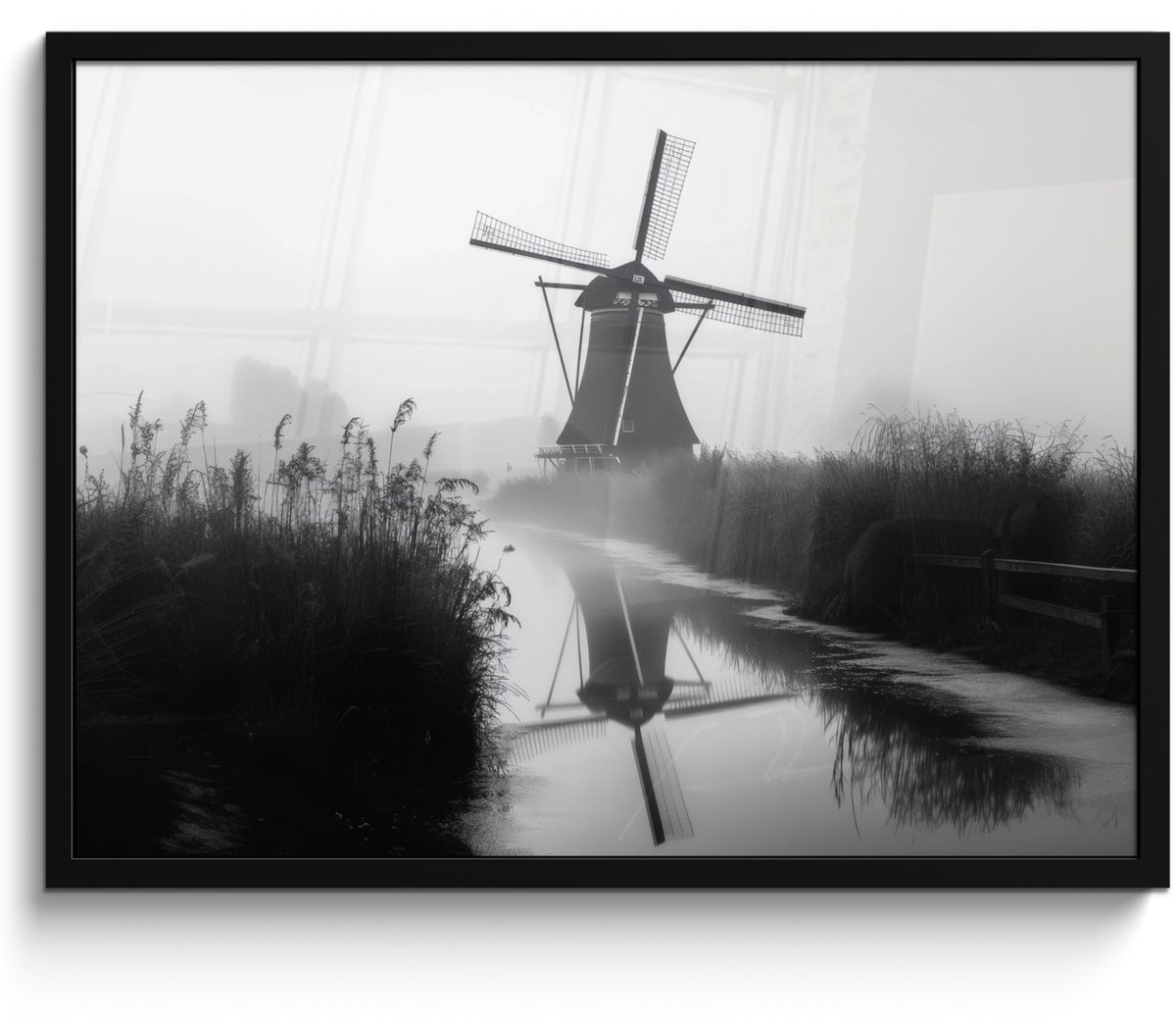 FrameYourWall Poster in lijst - Fotolijst 70x50 cm - Posters - Molen - Weerspiegeling - Landschap - Water - Posterlijst zwart - Decoratie - Wanddecoratie woonkamer - Muurdecoratie slaapkamer Molen - Landschap