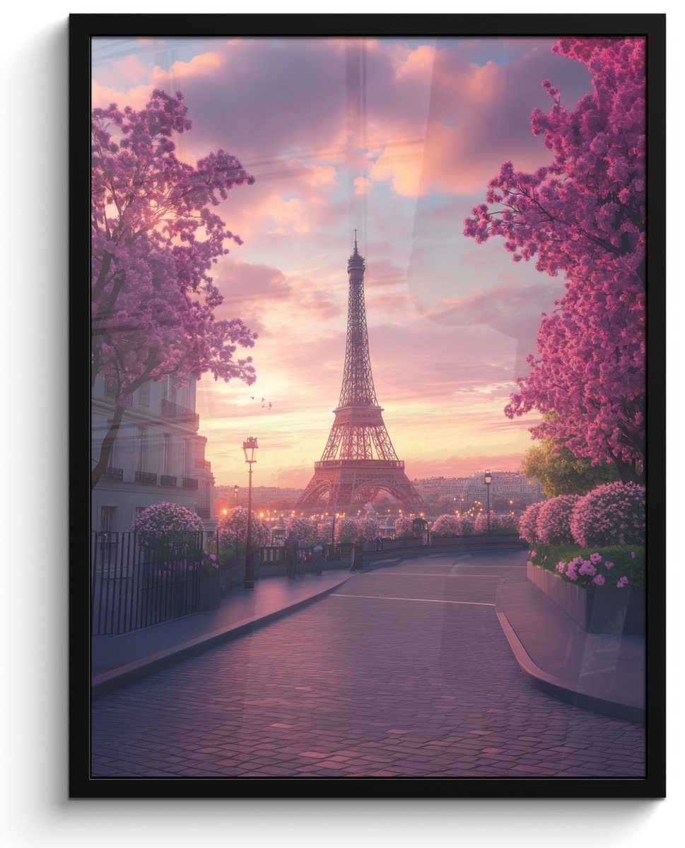 FrameYourWall Poster in lijst - Fotolijst 50x70 cm - Posters - Eiffeltoren - Parijs - Roze - Posterlijst zwart - Decoratie - Wanddecoratie woonkamer - Muurdecoratie slaapkamer