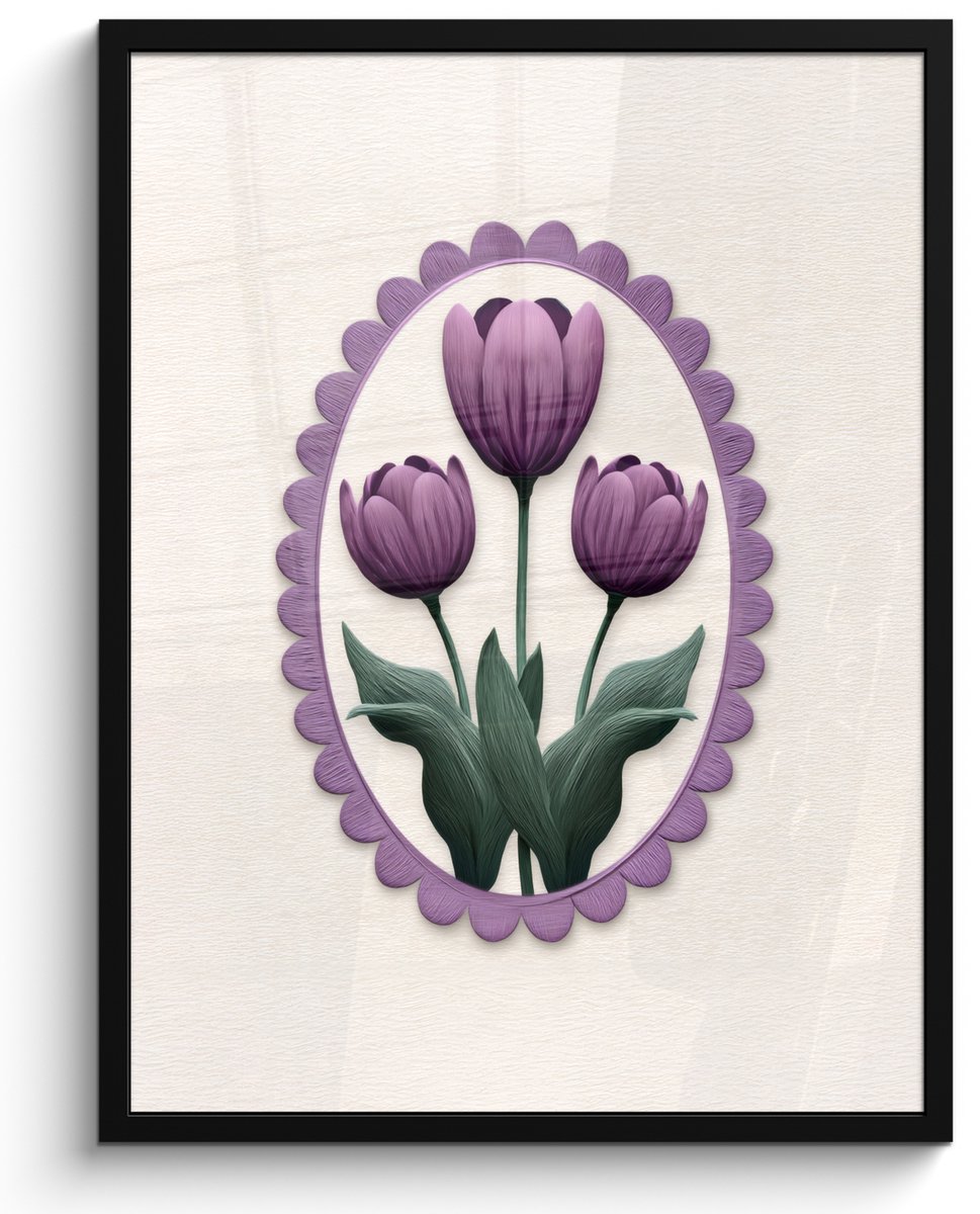 FrameYourWall Poster in lijst - Fotolijst 50x70 cm - Posters - Tulpen - Paars - Lijst - Bladeren - Posterlijst zwart - Decoratie - Wanddecoratie woonkamer - Muurdecoratie slaapkamer