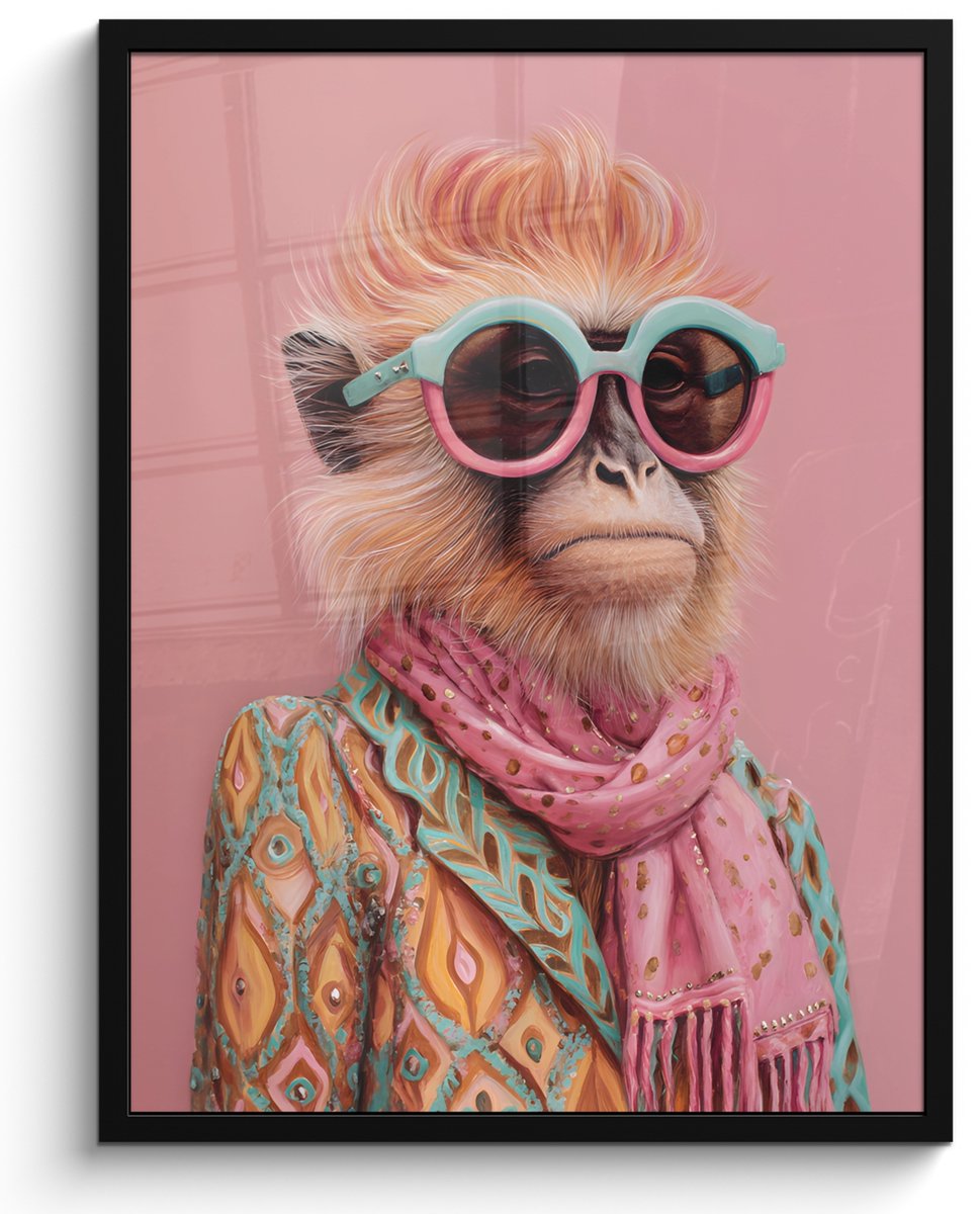 FrameYourWall Poster in lijst - Fotolijst 50x70 cm - Posters - Sjaal - Aap - Zonnebril - Jasje - Posterlijst zwart - Decoratie - Wanddecoratie woonkamer - Muurdecoratie slaapkamer