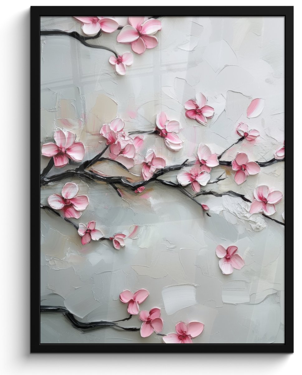 FrameYourWall Poster in lijst - Fotolijst 50x70 cm - Posters - Bloesem - Kunstzinnig - Roze - Sakura - Posterlijst zwart - Decoratie - Wanddecoratie woonkamer - Muurdecoratie slaapkamer
