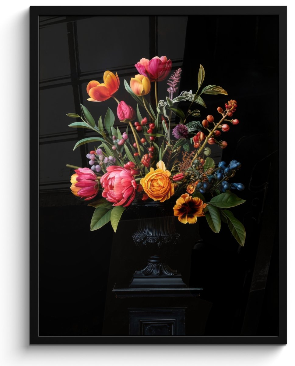 FrameYourWall Poster in lijst - Fotolijst 50x70 cm - Posters - Tulpen - Bessen - Boeket - Vaas - Posterlijst zwart - Decoratie - Wanddecoratie woonkamer - Muurdecoratie slaapkamer Boeket - Bloemen 5