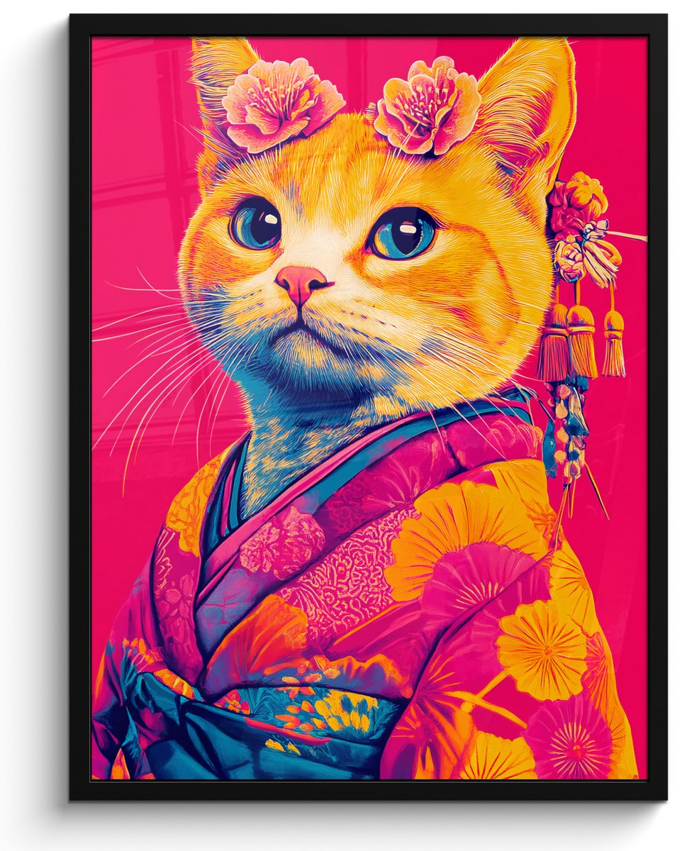 FrameYourWall Poster in lijst - Fotolijst 50x70 cm - Posters - Kat - Kimono - Bloemen - Roze - Posterlijst zwart - Decoratie - Wanddecoratie woonkamer - Muurdecoratie slaapkamer