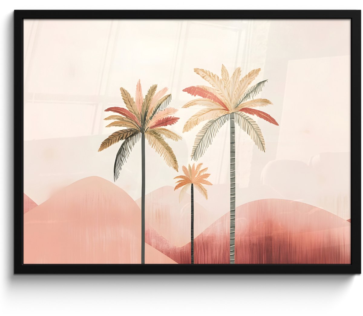FrameYourWall Poster in lijst - Fotolijst 70x50 cm - Posters - Palmbomen - Heuvels - Minimalistisch - Zachtroze - Posterlijst zwart - Decoratie - Wanddecoratie woonkamer - Muurdecoratie slaapkamer