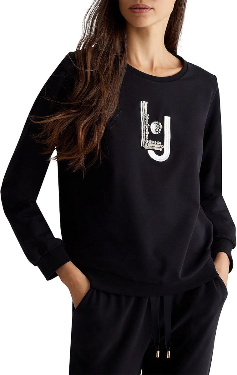 Dames Sweater Zwart Katoen Ronde Hals met Print - Comfortabele Trui