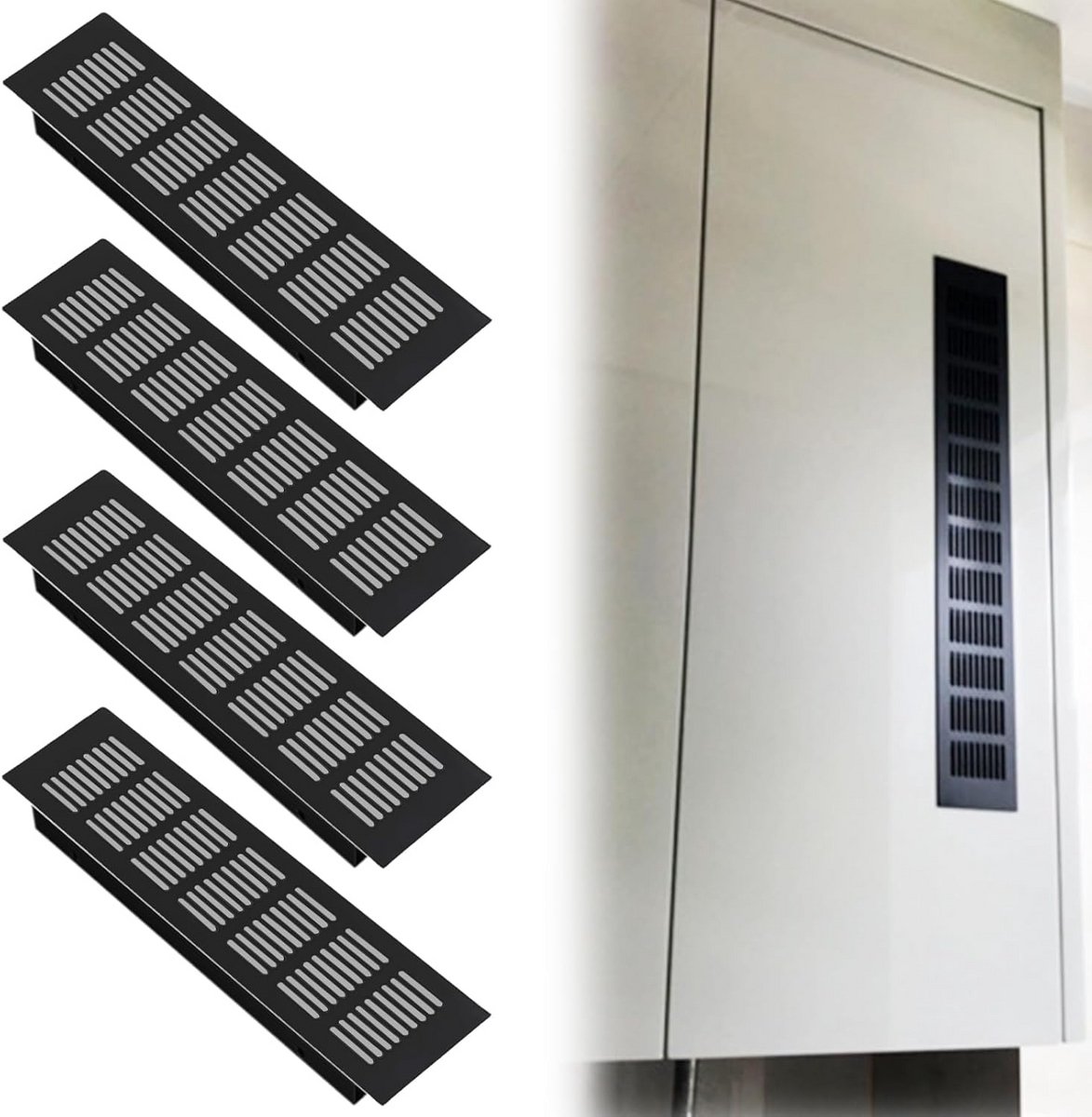 4x Ventililatierooster Aluminium 80x300mm - Toevoer- en Afvoerlucht Rooster voor Keuken, Badkamer en Toilet