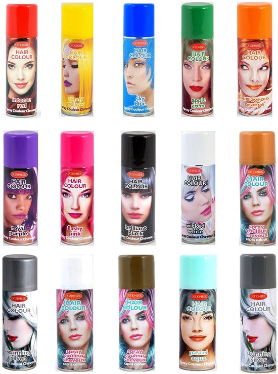 Goodmark haarspray in diverse kleuren: rood, geel, blauw, groen, oranje, paars, roze, zwart, wit, koper, zilver, aquamarijn. Spuitbussen met afbeeldingen van vrouwen met bijpassend haar.