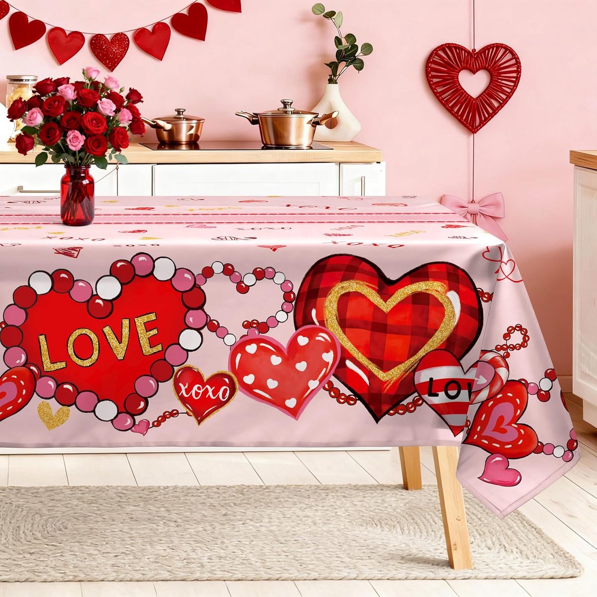 Rechthoekig Tafelkleed met Liefdeshart Print voor Valentijnsdag en Diner