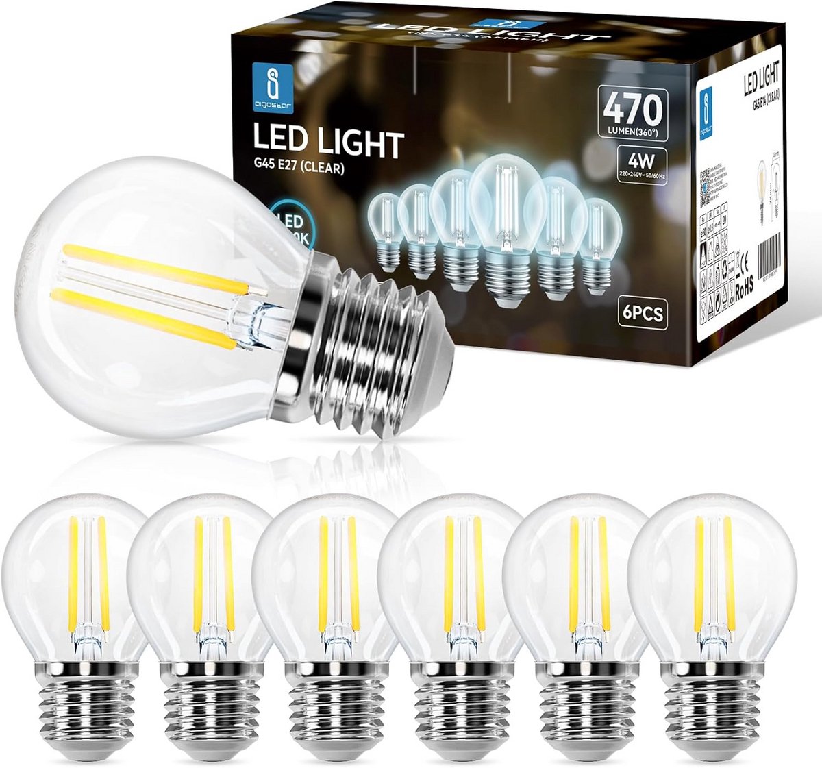6x E27 LED Filament Lamp 4W Koel Wit 6500K 470LM Niet Dimbaar