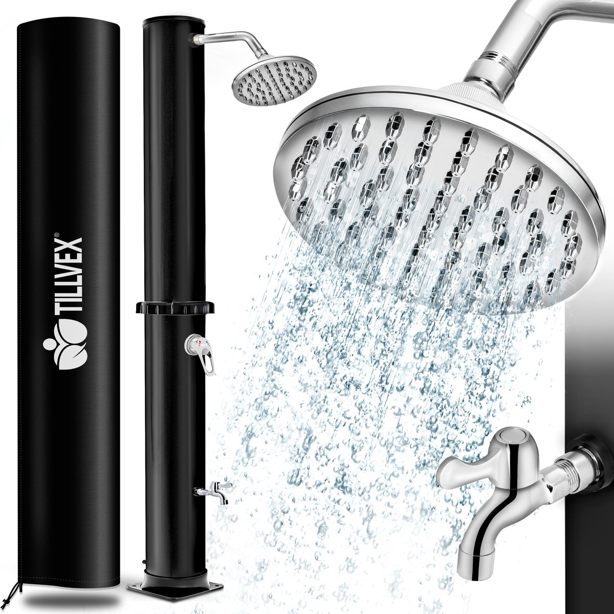 tillvex zonnedouche 20 liter inclusief Beschermhoes | Tuindouche voor de tuin warm water | Zwembad-douche camping | zonder stroomaansluiting | met kraan en regendouchekop | Tuinslangaansluiting (zwart/zwart)