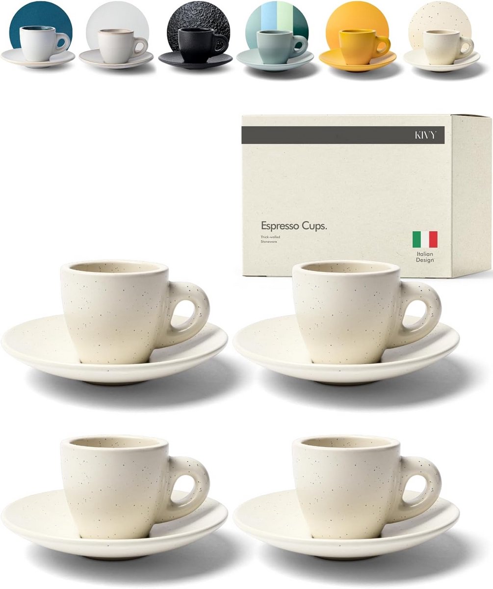 Set van 4 Espresso Kop en Schotels - Steengoed - Beige
