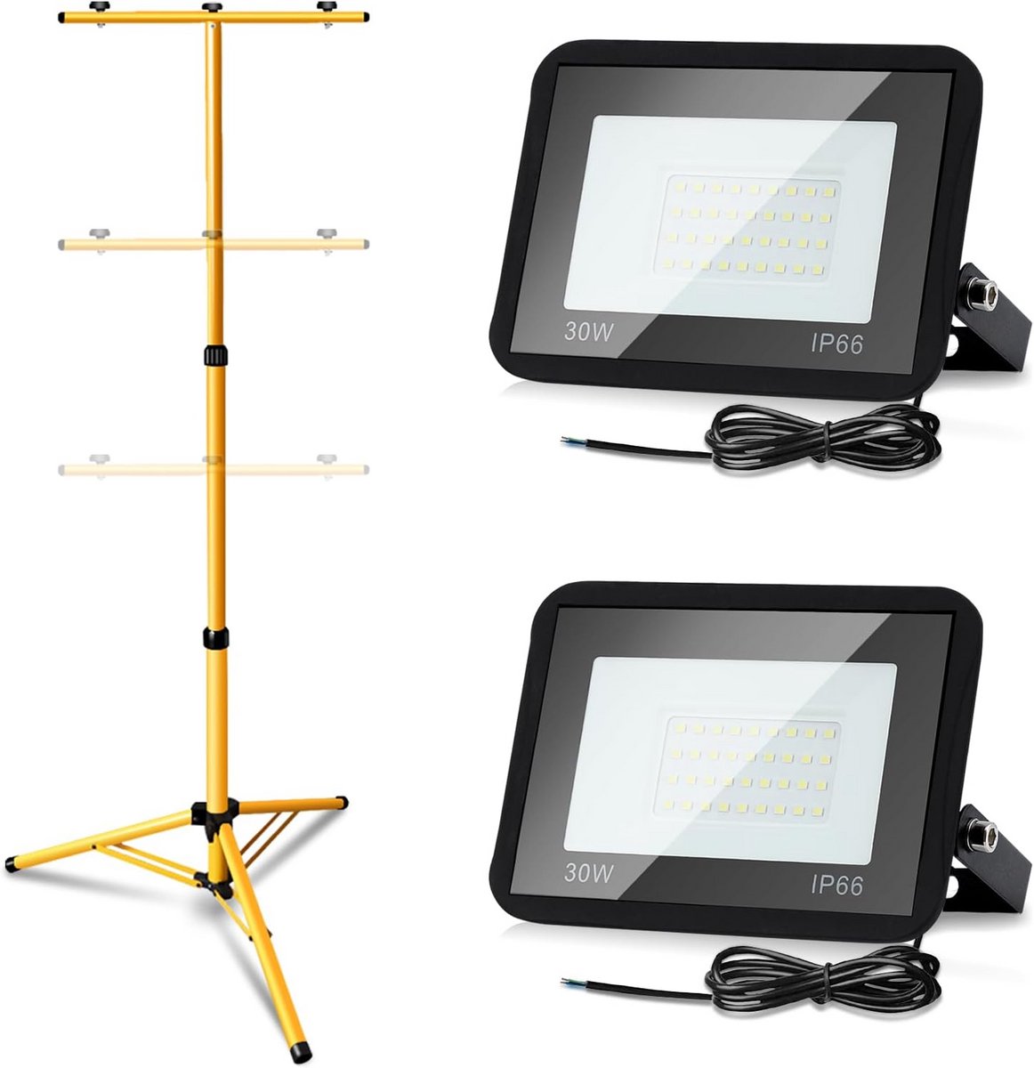 Set van 2 Led Bouwlampen 30W Warm Wit met Statief - Krachtige Werklamp IP66