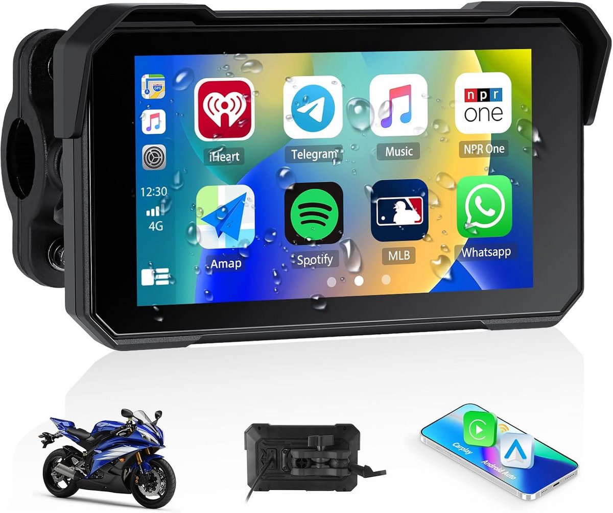 Draadloze Motor Navigatie met CarPlay en Android Auto - 5 Inch Waterdicht Scherm