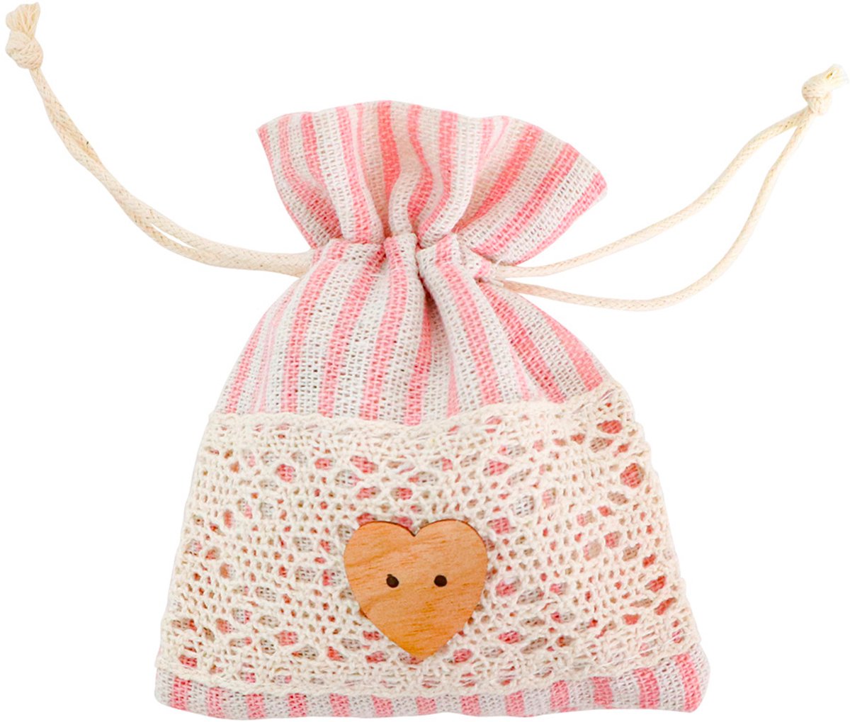 CHAKS - 4 gestreepte zakjes in pastelroze en kant 8 x 10 cm met houten hart