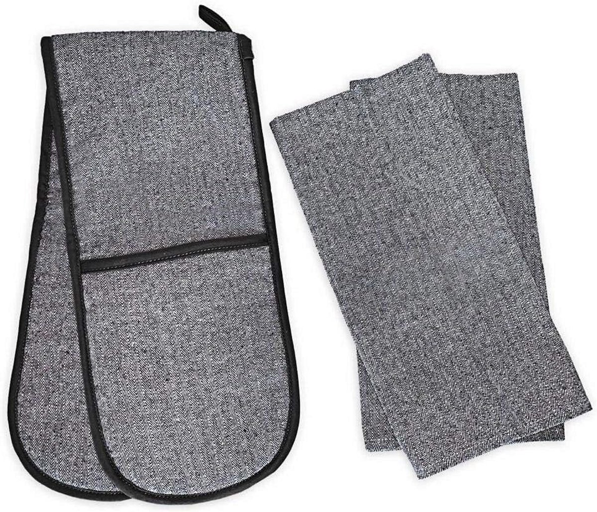 Set van 2x Hittebestendige Ovenwanten en Keukendoek - Zwart