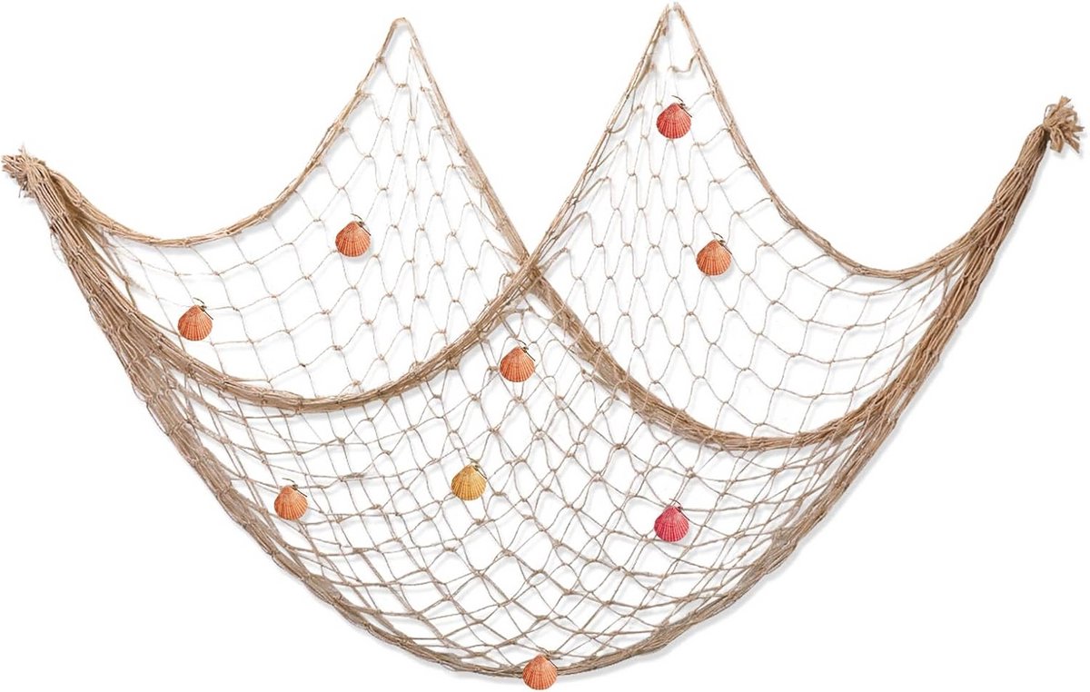 Decoratief Visnet met Natuurlijke Schelpen, Maritieme Wanddecoratie 1 x 2 m