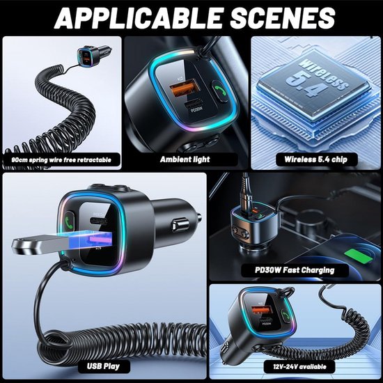 Bluetooth Auto Adapter met 30W PD Snelladen en AUX Ingang | bol