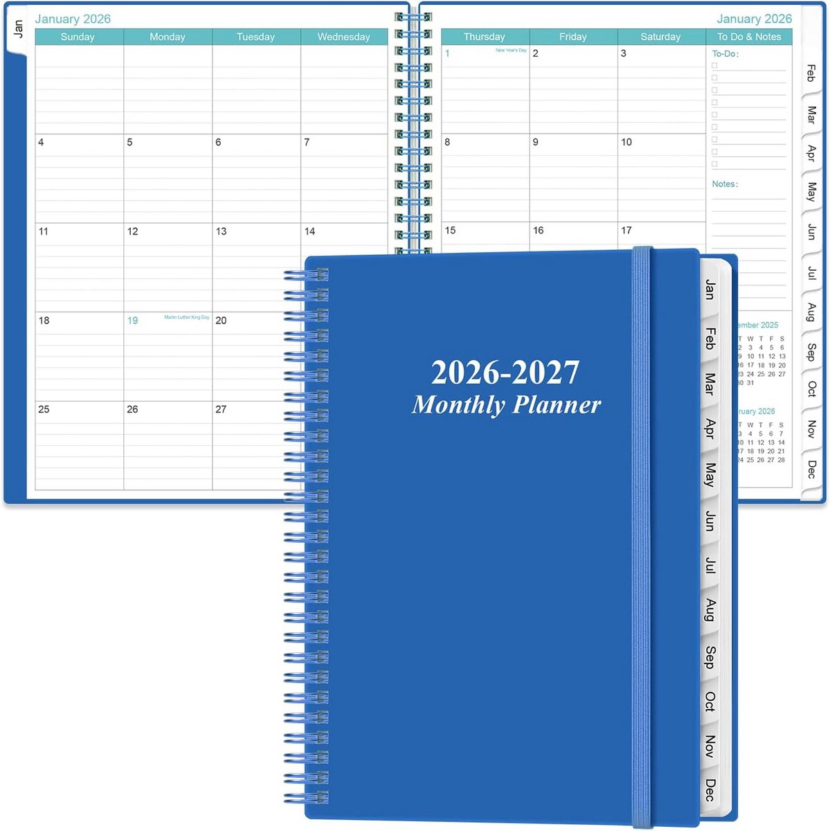Grote Maandplanner 2025-2026 (Okt '25 - Dec '26) met Tabs en Zak - Groenblauw