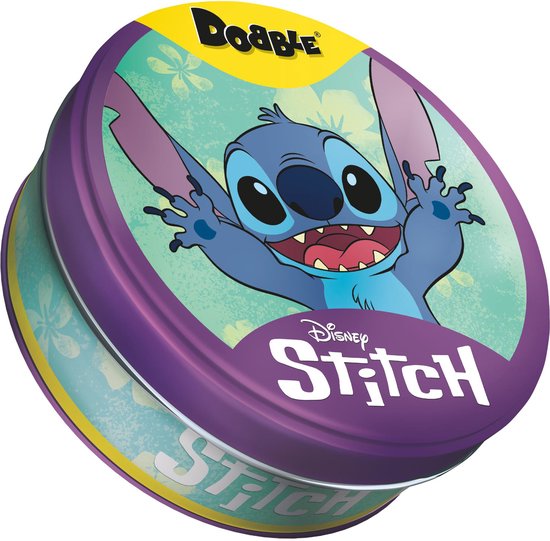 Dobble Stitch metalen blik met afbeelding van Stitch op een paarse deksel met bloemenpatroon.