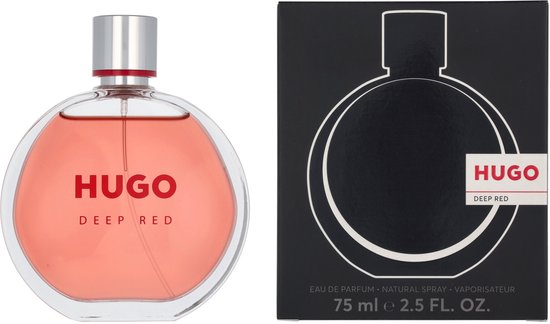 Parfumfles met roze vloeistof en zwarte doos met witte contour. Hugo Deep Red 75 ml.