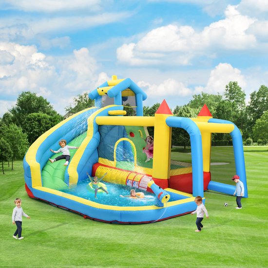 Springkussen - 364x315x239cm - 5-in-1 Opblaasbaar Kasteel - met Glijbaan en Voetbalnet - PVC