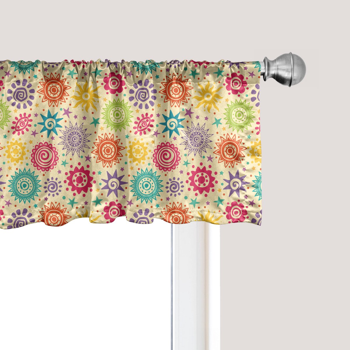 ABAKUHAUS Mexicaanse print raamvalletje, gordijnvalletje voor keuken en slaapkamer met tunnelzoom, 137 cm x 30 cm, lichtgeel met meerdere kleuren