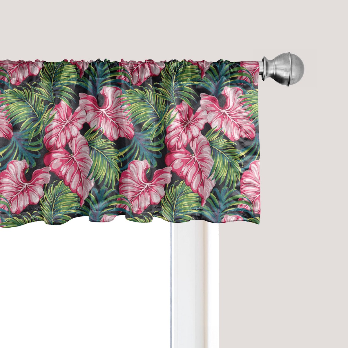ABAKUHAUS Monstera raamvalletje, gordijnvalletje voor keuken en slaapkamer met tunnelzoom, 137 cm x 45 cm, roze en varen groen