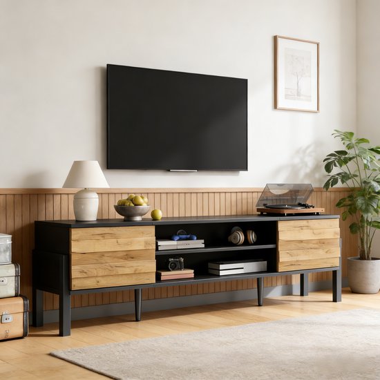 OKWISH Meuble Tv - Adapté Aux Téléviseurs Jusqu'à 70 Pouces - 175x39,5x53 Cm - 2 Portes Et Compartiments Ouverts - Panneau De Particules Noir