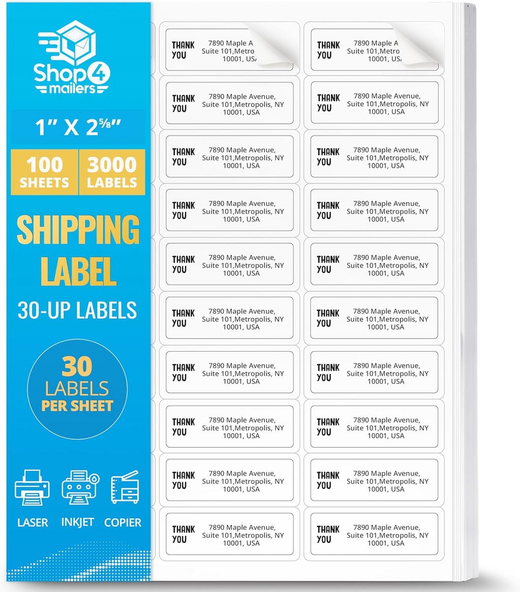 3000 Witte Verzendlabels Zelfklevend - 30 Labels Per Vel - 1" x 2 5/8"