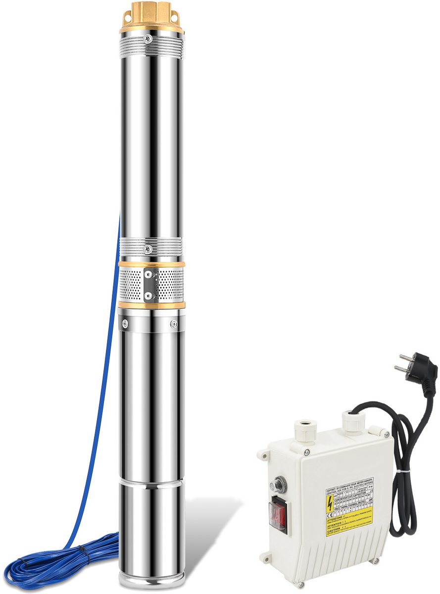 Diepe Bronpomp - Stroom 4000 L/H - 750W Dompelpomp - Maximale Opvoerhoogte van 81m - met Externe Schakelkast en 20 m Stroomkabel - met Terugslagklep en Filter - Voor Regentonnen Reservoirs - Kanalen - Rivieren