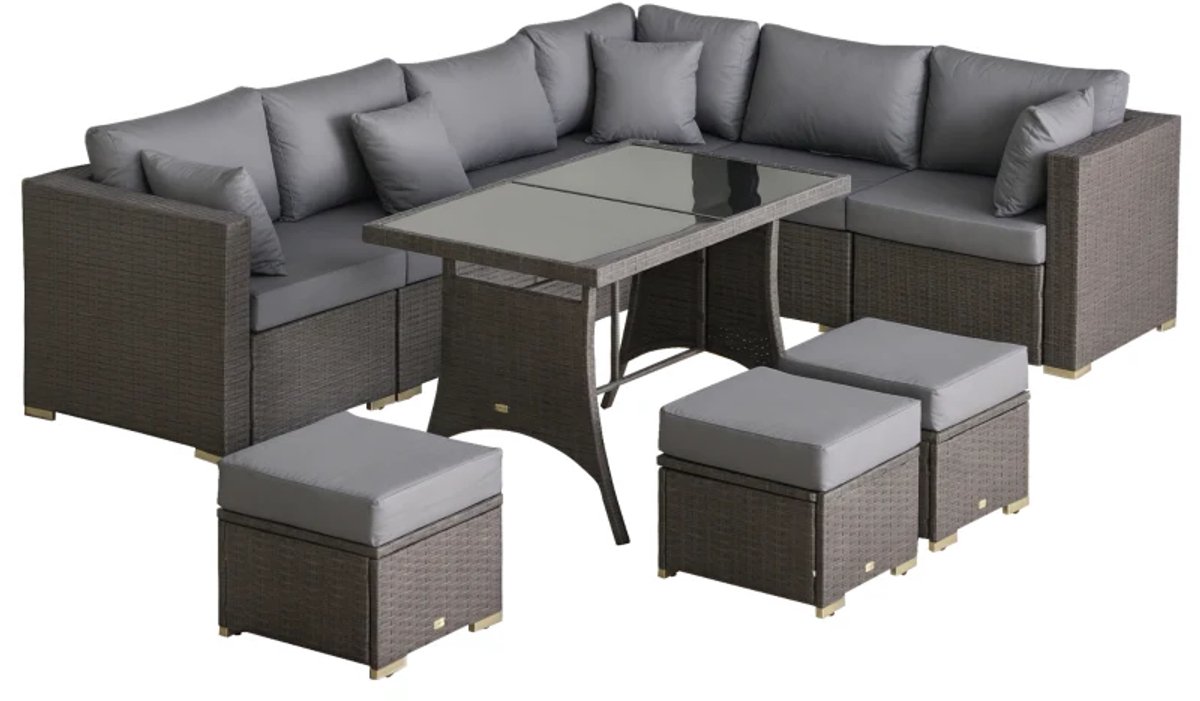 Luxe XXL Tuinset - 10-Delige Loungeset in Rotanlook - Tuinmeubelset - Hoekbank - Tuintafel - met Tafel, Zit- en Rugkussens - Ideaal voor tuin, balkon en terras - Hoeklounge - Zitgroep - RSV Frame - Donkergrijs