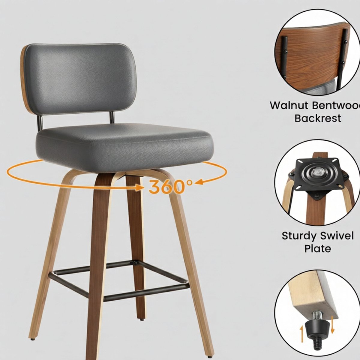 Draaibare Barkrukken Set van 4 – House&Garden Luxe Mid-Century Barstoelen met Rugleuning – 65 cm Zithoogte – 360° Draaibaar – PU-Leren Zitting – Massief Walnoothout – Zwart – Keukeneiland & Bar