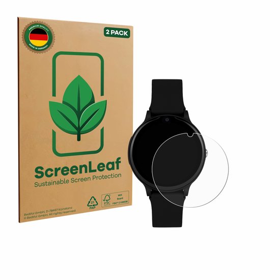 Bruine verpakking met '2 PACK' en 'MADE IN GERMANY' badge, naast een zwart smartwatch met transparante screenprotector.