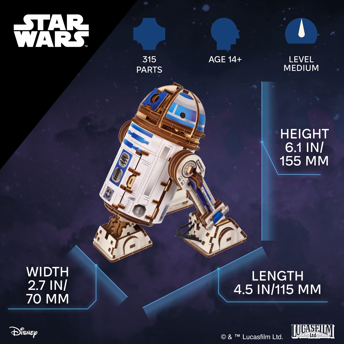 UGEARS 3D Modelbouw - R2-D2 - Star Wars - Mechanisch Bouwpakket Hout - Educatief Speelgoed — afbeelding 19