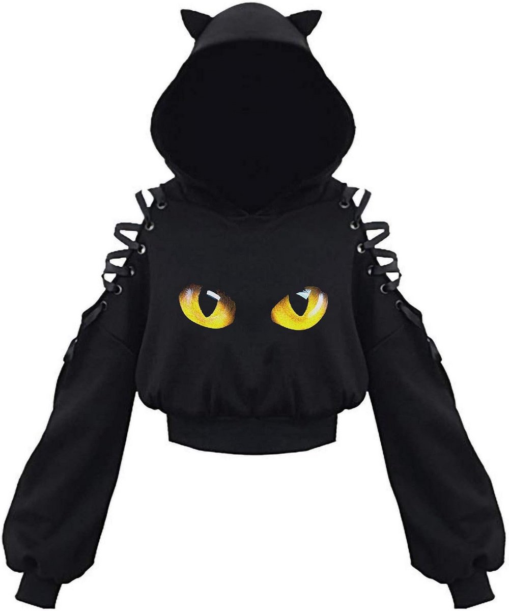 Cropped Hoody met Plooien en Kattenoren - Korte Trui met Capuchon voor Dames