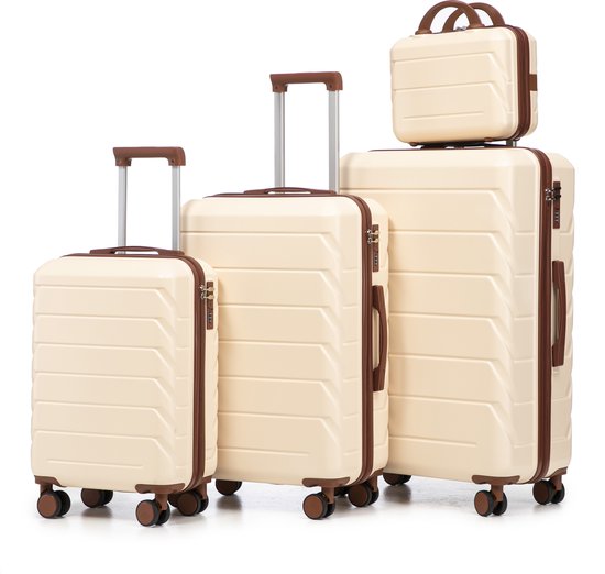 Ensemble de quatre valises beiges avec accents marron, de tailles variées, avec système trolley et roulettes.