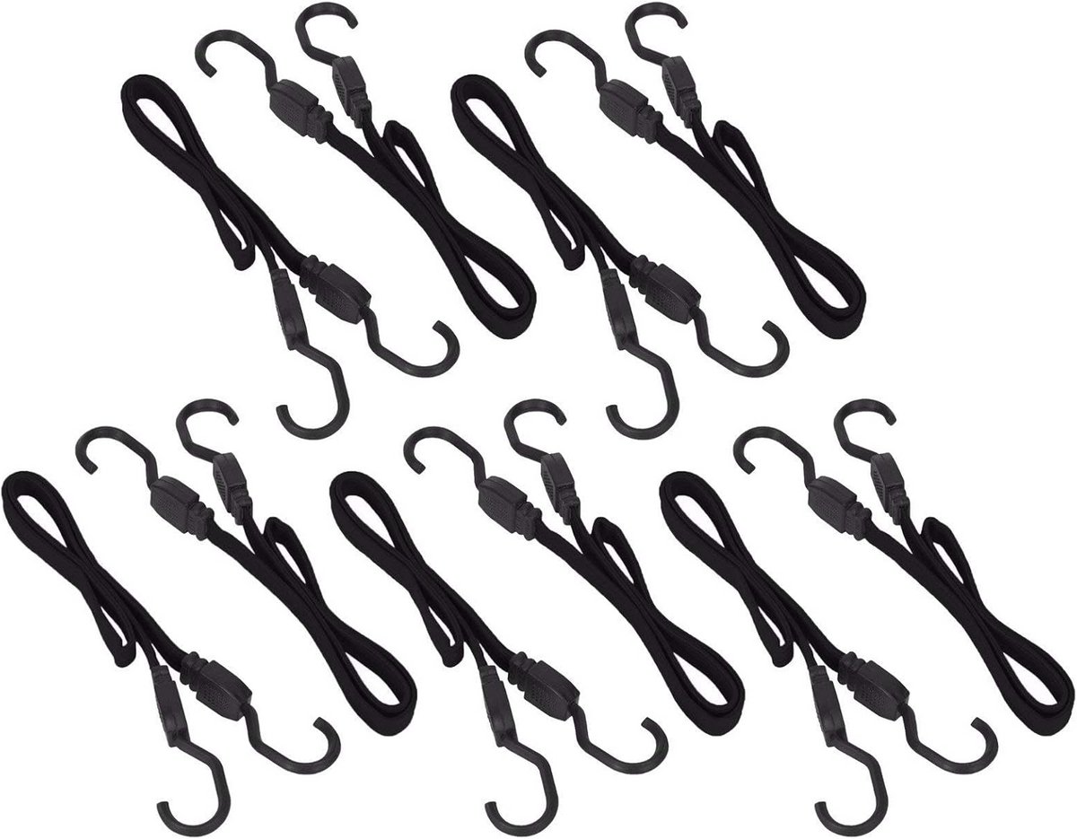 Set van 10 Platte Elastische Spanbanden met Haken - Zwart