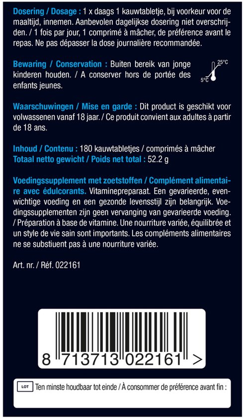 Lucovitaal Vitamine B12 1000 mcg, 180 Kauwtabletten, Vegan, Voor Volwassenen, Voor Vermoeidheid en Zenuwstelsel