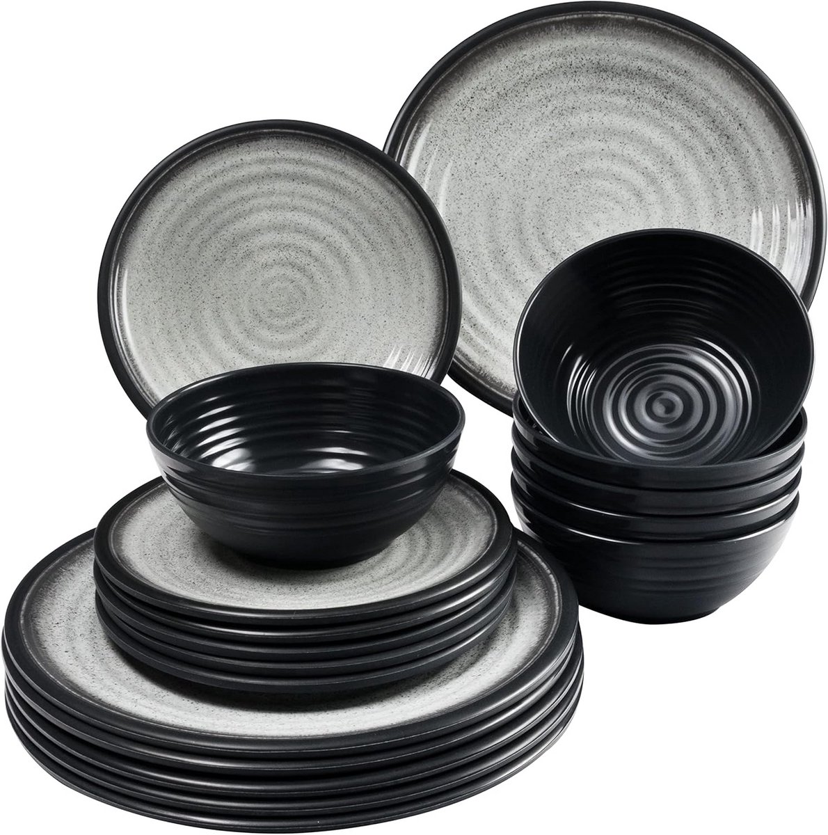 Melamine Servies Set voor 6 Personen - 18 Delig Grijs-Wit voor Binnen en Buiten