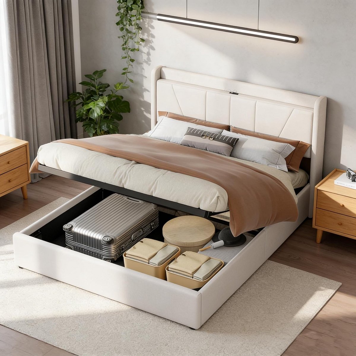 Tweepersoons Bed met Opbergruimte 160 x 200 cm Gestoffeerd met USB-poorten