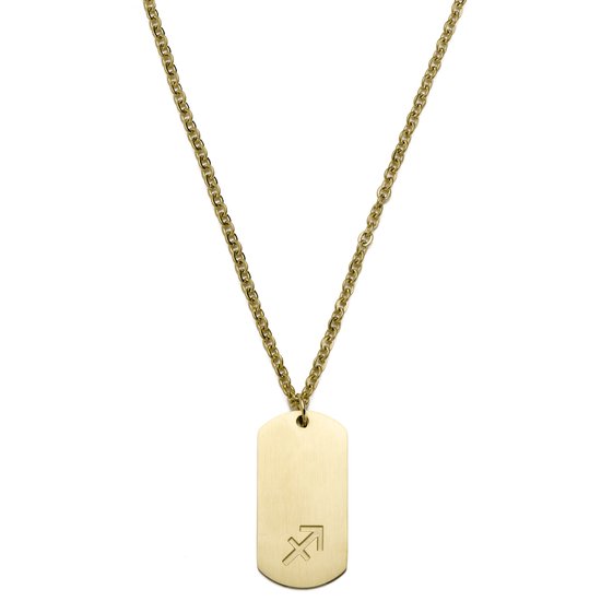 Goudkleurige ketting met rechthoekige hanger en Boogschutter symbool.