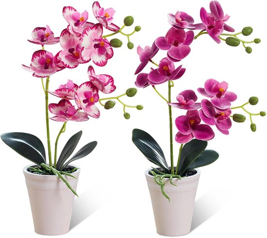 Set van 2 Kunstorchideeën in Potten - Realistisch Paars Hoge Decoratieve Zijden Bloemen