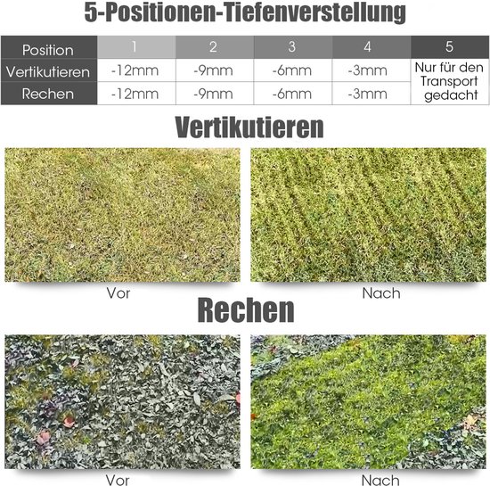 COSTWAY Elektrische verticuteermachine, gazonventilator, 1800 W, 2 treden werkdiepte, 38 cm werkbreedte, 45 l opvangmand, messenwals en ventilatorrol, gazon verticuteermachine voor tuin (groen) van Costway — afbeelding 5