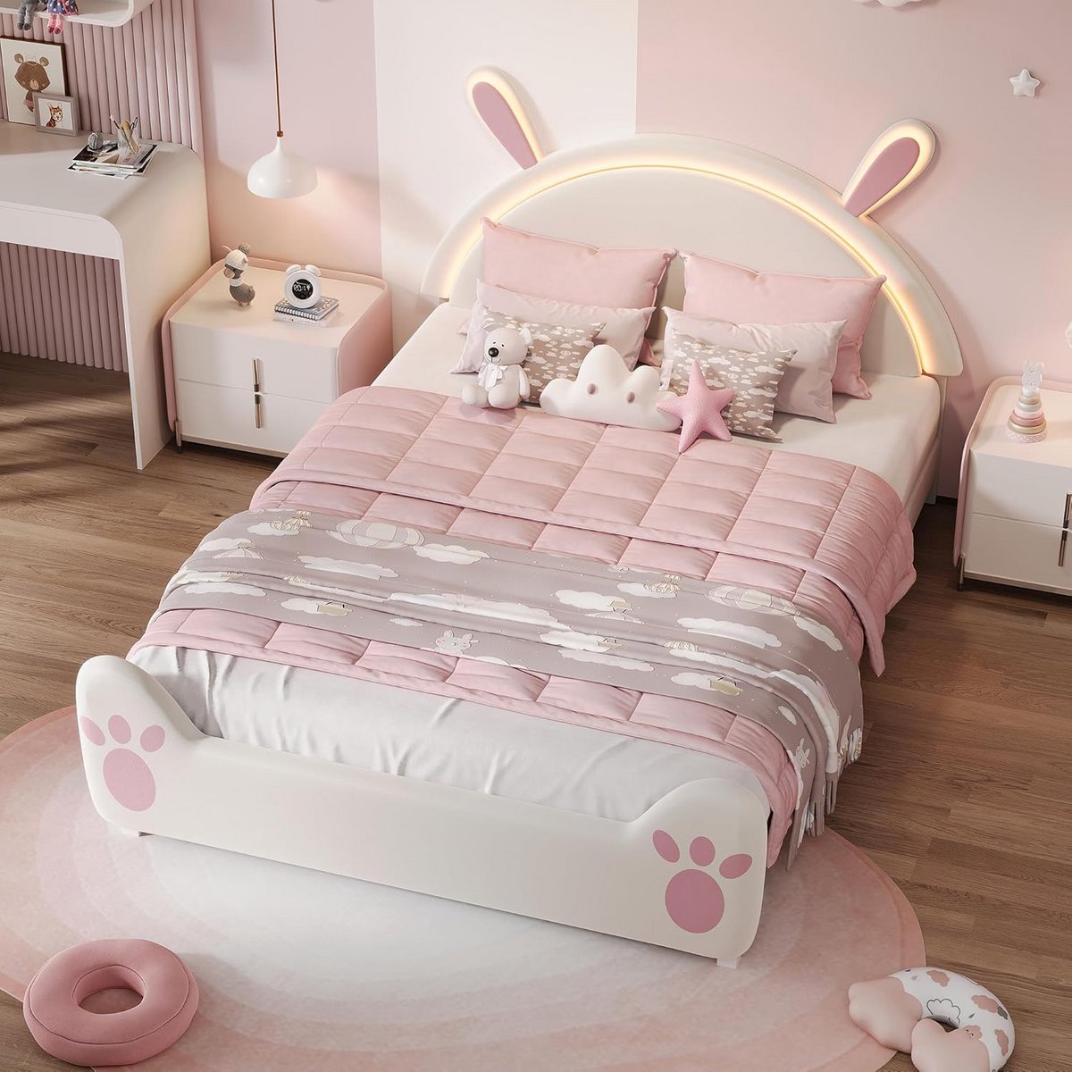 Tweepersoons Kinderbed 140x200 met Gestoffeerd Hoofdeinde en LED Verlichting