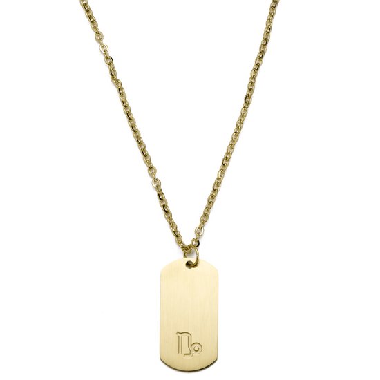 Gouden ketting met een rechthoekig hangertje met het sterrenbeeld Steenbok.